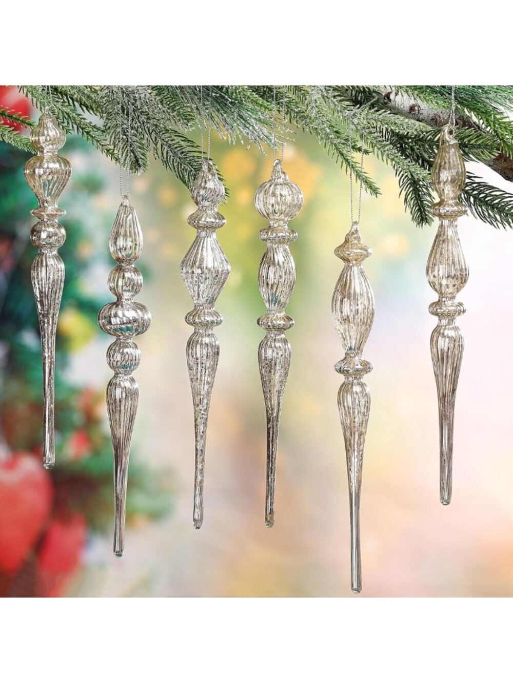 Set of 6 Silver Mercury Glass Finial Christmas Ornaments - 11 Inch Holiday Decor